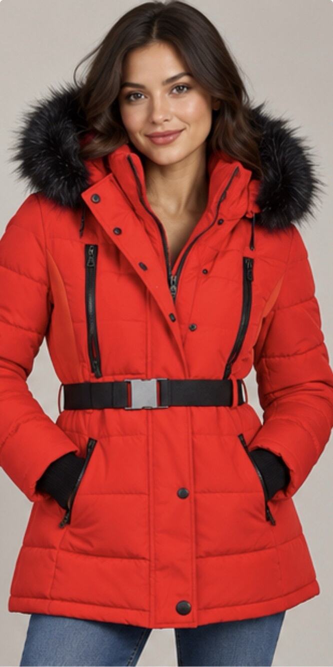 Michael Kors Puffer Coat Womens Small Red Belted Hooded Black Fur Trim Winter
